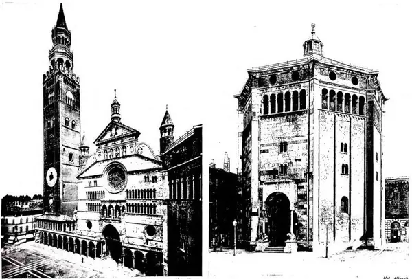 A sinistra: FACCIATA DELLA CATTEDRALE (sec. XIV) E IL TORRAZZO (sec. XIII). A destra: BATTISTERO, iniziato nel 1167, completato nel sec. XV.