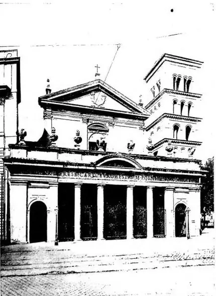 Left: FACADE OF THE CHURCH OF S. CRISOGONO, after a design by G. B. Soria (1626). Bell tower of the 12th cent. - Rome. Right: INTERIOR OF THE CHURCH OF S. CRISOGONO. Ciborium of the high altar by G. B. Soria - Rome.
