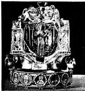 Above left: STATUETTE OF THE VIRGIN SET IN A ROCK CRYSTAL, engraved and mounted with Byzantine enamels (12th-13th cent.) - Venice, Basilica of St. Mark, Treasury. Above right: ROCK CRYSTAL DISH with figures of the Flood and Noah's ark (16th cent.) - Florence, Museo degli Argenti. Below: ROCK CRYSTAL CASKET with scenes from the Life of Christ. Work by Valerio Belli (1532) - Florence, Museo degli Argenti.