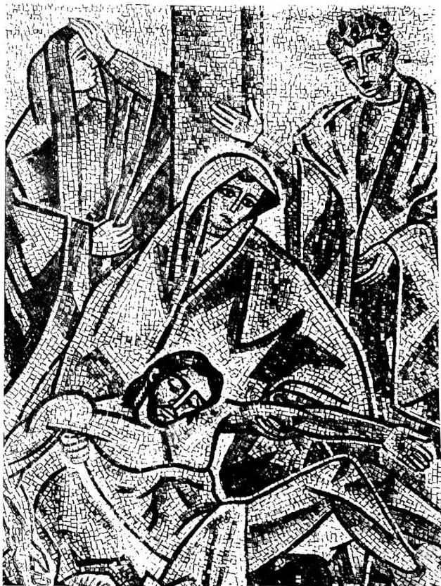 DEPOSITION, mosaic work by Gino Severini: XIII Station of the Via Crucis. Characteristic example of geometrized figuration. - Cortona.