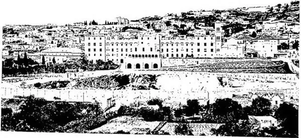Above: VIEW OF NAZARETH. Top left: the basilica of the Annunciation, in the centre the Franciscan convent; on the right: the basilica of the Nutrition, rebuilt on the plan of the Byzantine basilica (6th cent.) in the places where St. Joseph's workshop was, according to tradition. Below: BASILICA OF 