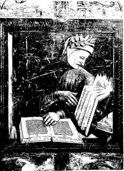 Left: PORTRAIT OF DANTE, fresco by L. Signorelli (1499-1500). Chapel of S. Brizio - Orvieto, Duomo. Right: TONDO IN CHIAROSCURO WITH SCENES FROM CANTO II OF PURGATORY, by Luca Signorelli (1499-1500). Chapel of S. Brizio - Orvieto, Duomo.