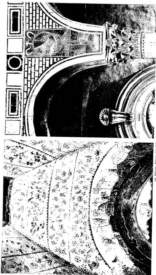 Left: DETAIL OF THE PICTORIAL DECORATION with flowers, birds and vintage of the skylight of the crypt called of S. Gennaro (3rd cent.) - Rome, Cemetery of Pretestato. Right: DETAIL OF THE DECORATION IN "OPUS SECTILE MARMOREUM" along the walls of the central nave of the basilica of S. Sabina (5th cent.) - Rome.
