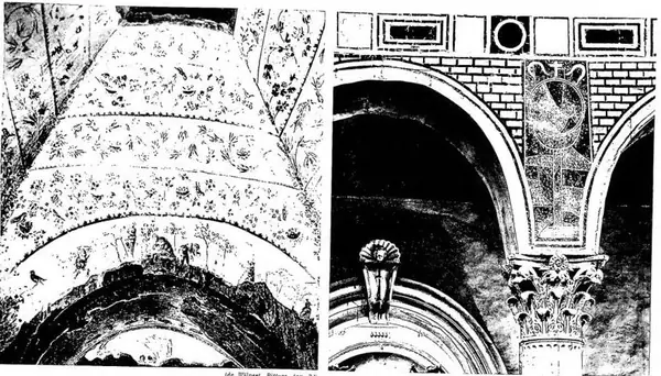 A sinistra: PARTICOLARE DELLA DECORAZIONE PITTORICA con fiori, uccelli e vendemmia del lucernario della cripta detta di S. Gennaro (sec. III) - Roma, Cimitero di Pretestato. A destra: PARTICOLARE DELLA DECORAZIONE IN "OPUS SECTILE MARMOREUM" lungo le pareti della navata centrale della basilica di S.