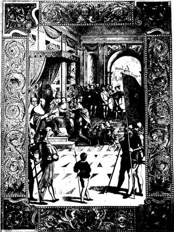 FRANCESCO MARIA I DELLA ROVERE receives the baton of command from Pope Julius II. Miniature attributed to Giulio Clovio (1554-57) - Biblioteca Vaticana, cod. Urb. lat. 1764, f. 3 v.