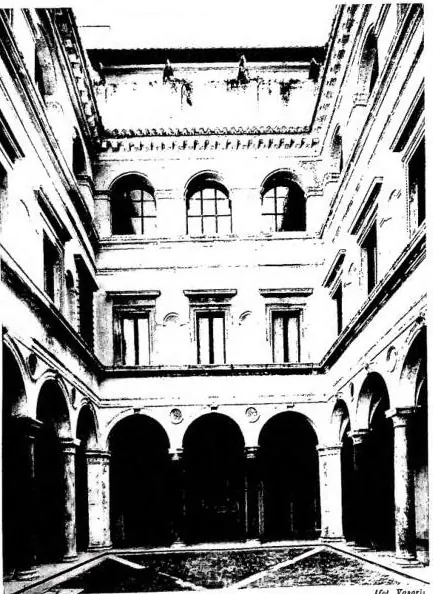 Left: COURTYARD OF THE PALAZZO DELLA VALLE, probable design by Raphael (1510-15), after the restoration by eng. C. Forti - Rome. Right: INTERIOR OF THE PALAZZO DELLA VALLE. Carved and painted wood ceiling with grotesques (early 16th cent.), restoration by eng. C. Forti - Rome.