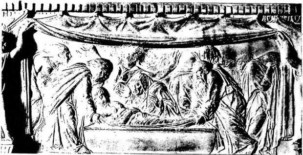 Above: DEPOSITION. Detail of the ciborium of old St. Peter's, work by Donatello (1432) - Basilica of S. Pietro, sacristy. Below: DEPOSITION FROM THE CROSS, work by Van der Weyden (ca. 1400-64) - Madrid, Escorial.