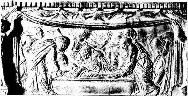 In alto: DEPOSIZIONE. Particolare del ciborio dell'antico S. Pietro, opera di Donatello (1432) - Basilica di S. Pietro, sagrestia. In basso: DEPOSIZIONE DALLA CROCE, opera di Van der Weyden (ca. 1400-64) - Madrid, Escoriale.