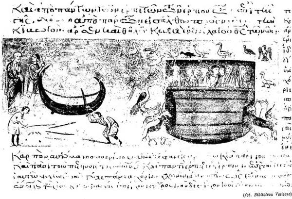 NOAH'S ARK. Above: BUILDING AND ENTERING THE ARK. Below: RETURN OF THE DOVE AND EXIT FROM THE ARK (Gen. 6-8). Miniatures from the Octateuch contained in cod. Vat. gr. 746, ff. 53 v, 55 v. (12th cent.) - Biblioteca Vaticana.