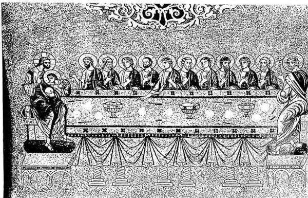 Above: COMMUNION OF THE APOSTLES. Mosaic of the first half of the 13th cent. - Venice, Basilica di S. Marco. Below: COMMUNION OF THE APOSTLES. Fresco by Beato Angelico - Florence, convent of S. Marco.