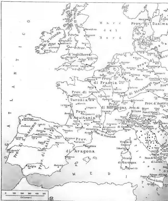 Historical map of their diffusion at the beginning of the 14th cent. compiled by Fr. A. Ghinato O.F.M. on the Provinciale Ordinis Minorum and Custodia (subdivision of Province) to which is added in parentheses the number of convents dependent on them. Statistics: with the French houses