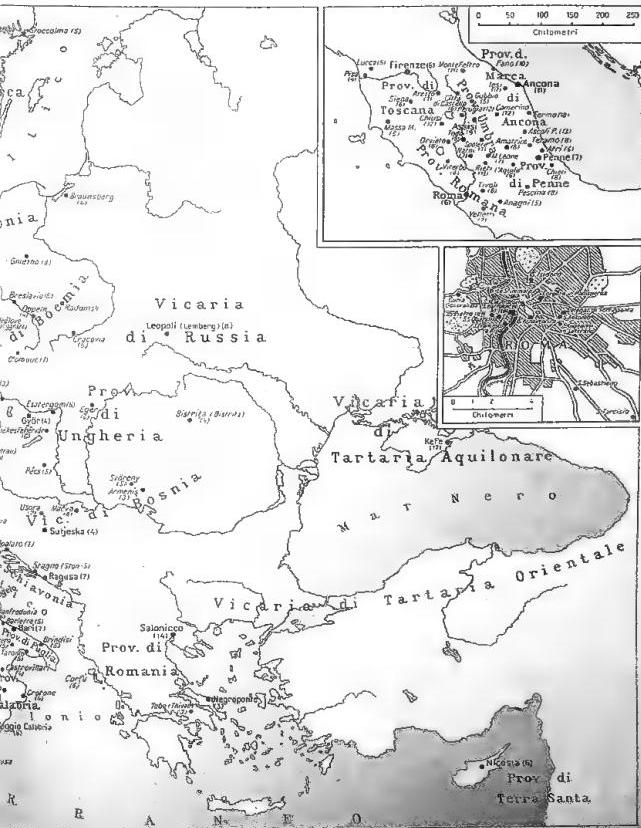 Il Pacino da Venezia (ca. 1330). Only the capitals of Provinces (in small Roman type) and of 1453 convents with ca. 40 thousand religious are indicated. The territories of China and India have been omitted. Right: plan of Rome are shown.