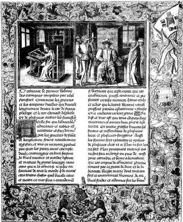 (de A. Lander, der Breslauer Froissart, Berlio 1912, Jan. 6) FROISSART SCRIVE LA CRONACA e Froissart in presenza del re di Francia. Pagina miniata del codice di Breslavia I, 1, firmato da David Aubert (1460).