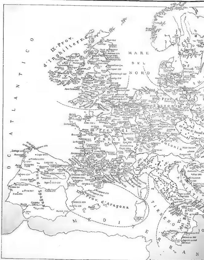 Historical map of their development at the beginning of the 14th cent., compiled on the basis of the list of provinces and convents. Right, at the bottom, plans of Rome ca