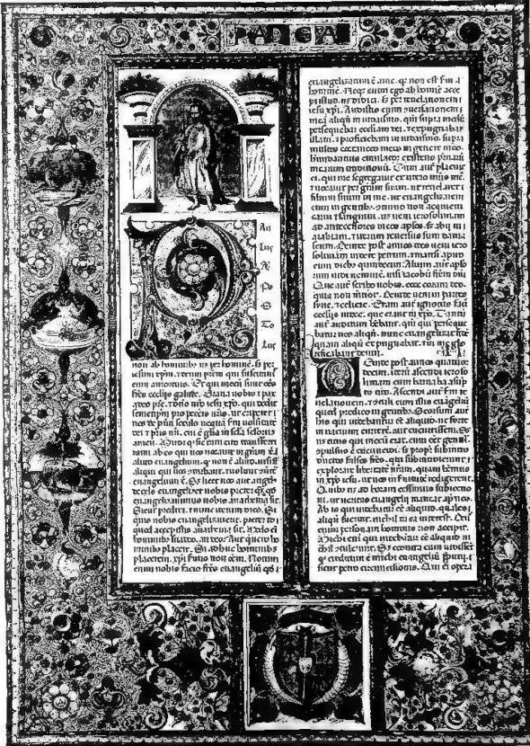 BEGINNING OF THE EPISTLE OF ST. PAUL TO THE GALATIANS. Bible of Borso d'Este, vol. II f. 199 v (1455-61).