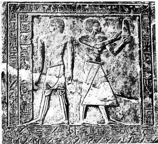 Above: FUNERARY STELE OF A PERSONAGE NAMED HOR. The hieroglyphic inscription contains an optative formula to ensure food for the deceased. Middle Kingdom (20th-17th cent. B.C.) - Paris, Louvre Museum. Below: RELIEF WITH SCENES OF DANCES AND FUNERARY LAMENTATIONS. 19th Dynasty (12th cent. B.C.) - Cairo, Museum.