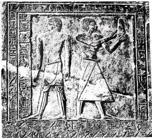 Above: FUNERARY STELE OF A PERSONAGE NAMED HOR. The hieroglyphic inscription contains an optative formula to ensure food for the deceased. Middle Kingdom (20th-17th cent. B.C.) - Paris, Louvre Museum. Below: RELIEF WITH SCENES OF DANCES AND FUNERARY LAMENTATIONS. 19th Dynasty (12th cent. B.C.) - Cai