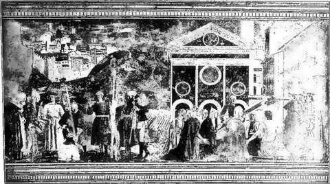 St. H. witnesses the finding of the Cross. Fresco by Piero della Francesca (1452-60). Arezzo, church of St. Francis.