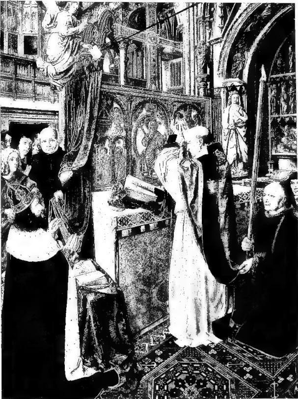 MOMENT OF THE ELEVATION. St. Giles celebrates Mass in the abbey church of St. Denis in the presence of the sovereign. Panel of the triptych of St. Giles at St. Remigius, work of the Master of St. Giles (1495-1500). London, National Gallery.