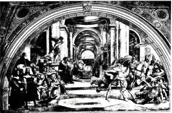 (ed. Indiretta) HELIODORUS DRIVEN FROM THE TEMPLE Fresco by Raphael (1514) - Vatican Rooms.