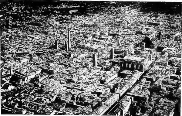 Above: AERIAL VIEW OF BOLOGNA. Below: CASTLE of Torrechiare, erected by P. Maria Rossi (1448-60).