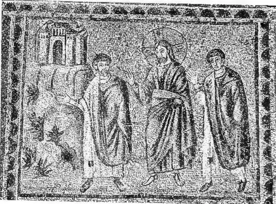 Above: THE DISCIPLES AND CHRIST ON THE WAY TO EMMAUS. Mosaic of the 6th cent. Ravenna, church of S. Apollinare Nuovo. Below: THE FRACTIO PANIS IN THE SUPPER AT EMMAUS. Attributed to Caravaggio (17th cent.) - Milan, Pinacoteca di Brera.
