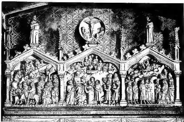 JOURNEY OF THE MAGI; meeting with Herod and adoration of the Child. Reliefs attributed to Giovanni di Balduccio (1347) - Milan, basilica of S. Eustorgio. Below: