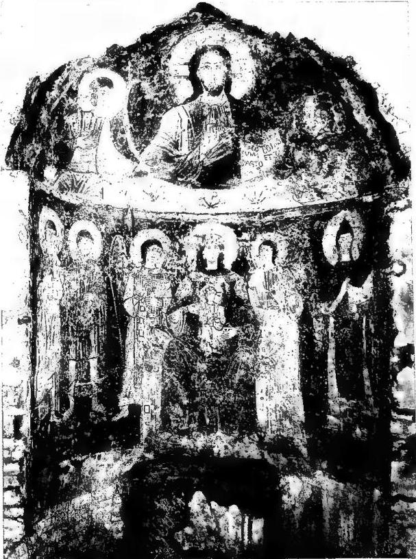 FRESCOED APSE IN AN UPPER ROOM OF THE CEMETERIAL BASILICA OF ST. HERMES (12th cent.). Above: Jesus Christ between two angels; below: Madonna with Child between two archangels, St. Hermes, St. John, St. Benedict - Rome, cemetery of Bassilla.