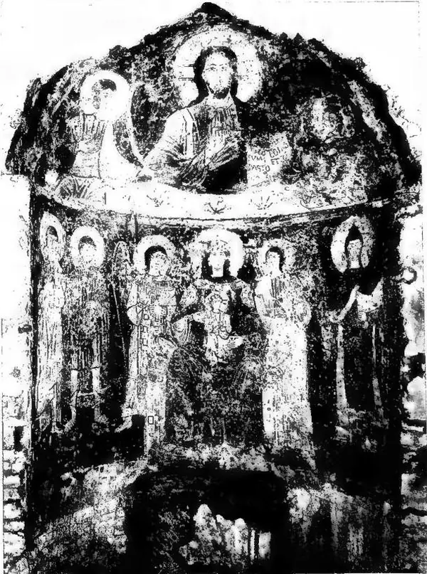 FRESCOED APSE IN AN UPPER ROOM OF THE CEMETERIAL BASILICA OF ST. HERMES (12th cent.). Above: Jesus Christ between two angels; below: Madonna with Child between two archangels, St. Hermes, St. John, St. Benedict - Rome, cemetery of Bassilla.