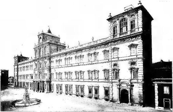 a) FACADE OF THE DUCAL PALACE, begun by the architect Bartolomeo Avanzini, Roman, in 1635 - Modena. b) INTERIOR OF THE DUCAL PALACE, piano nobile with design by Bartolomeo Avanzini who began it in 1615 - Modena.
