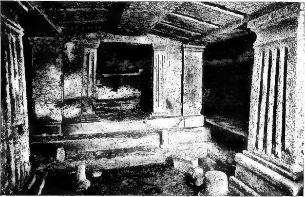a) INTERIOR OF THE TOMB KNOWN AS DELL'ALCOVA (4th cent. B.C.) - Cerveteri. b) FRESCO OF THE TOMB KNOWN AS DELLE LEONESSE (4th cent. B.C.) - Tarquinia.