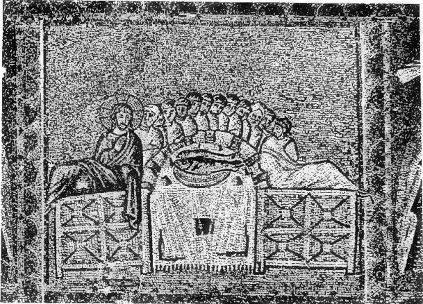 a) LAST SUPPER. Mosaic in S. Apollinare Nuovo (ca. 540) - Ravenna. b) FALL OF MANNA. Painting by Jacopo Tintoretto (ca. 1570) - Venice, church of S. Giorgio Maggiore.