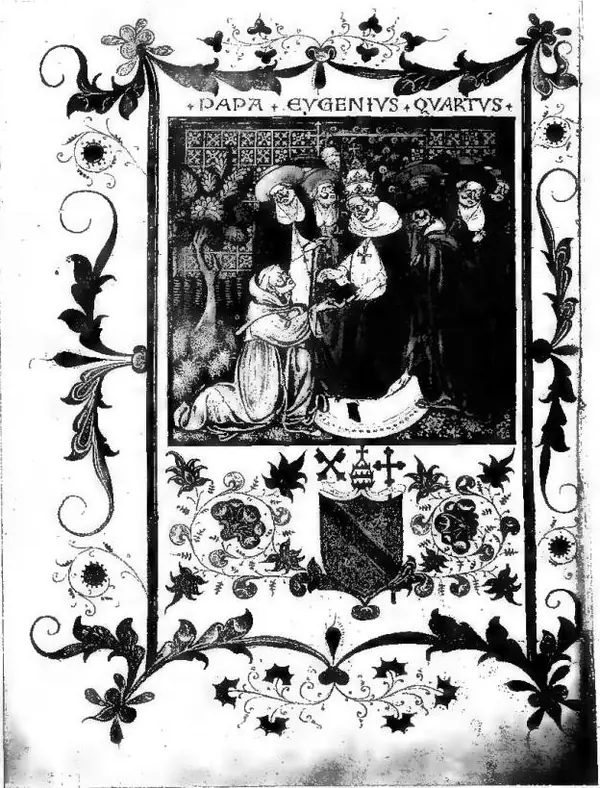 (Vgl. Biblioteca Vaticana) IL PAPA EUGENIO IN TRONO CIRCONDATO DA CARDINALI, riceve l'offerta da parte di Antonio da Rho dei Tre Dialoghi sugli errori di Lattanzio Firmiano. Miniatura di scuola lombarda (1431-47). Biblioteca Vaticana, Cod. Vat. Lat. 227, f. 4v.