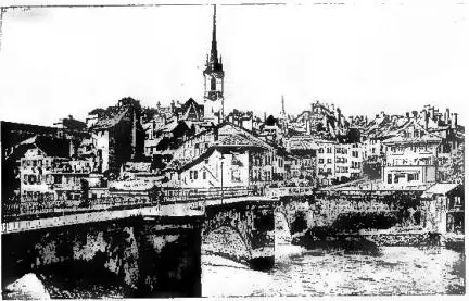 a) SWITZERLAND. View of the lower quarter of Bern. b) SPAIN. Church of S. Juan de los Caballeros in Segovia. c) TURKEY. Baghdad Kiosk (Topkapi Palace) - Constantinople. d) SPAIN. Gate of Santa Maria in Burgos.
