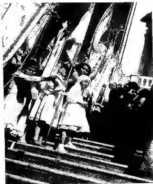 Above left: THE DAUGHTERS OF MARY with their banners keep guard of honour to the Virgin. Above right: MASS OF THE SICK. Below left: IN THE LONG LINE OF THE SICK A CRADLE WITH A CHILD who from birth has begun to know the sorrows of life. Below right: BLESSING IMPARTED TO THE SICK by d. Manuele M. Fer
