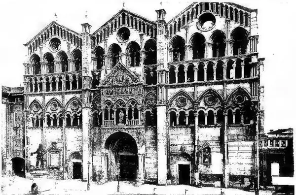 Above: FACADE OF THE CATHEDRAL, founded in 1135, with 13th cent. additions. Below: PALAZZO DEI DIAMANTI. Designed by Biagio Rossetti and completed in 1493.