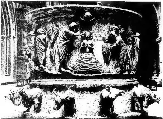 Above: ST. JOHN THE BAPTIST BAPTIZING CHRIST. Baptismal font by Renier de Huy (12th cent.) - Liège, church of S. Bartolomeo. Below: TAPESTRY WITH COURT SCENE (15th cent.) - Milan, Museo Poldi Pezzoli.