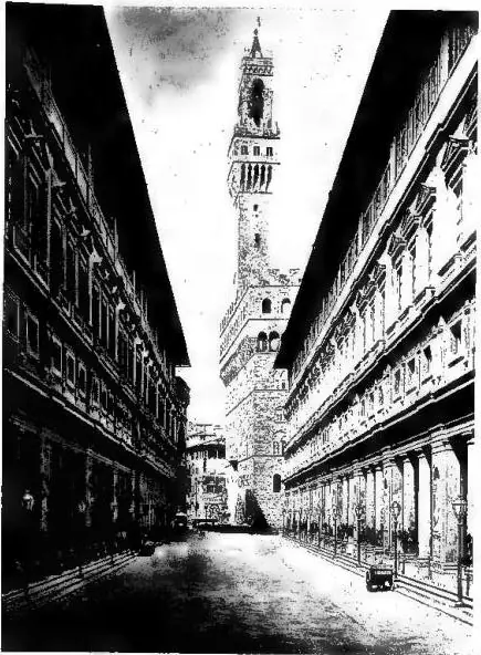 A sinistra: PORTICO DEGLI UFFIZI. Opera di G. Vasari (1565) - Firenze. A destra: PALAZZO RICCARDI MEDICI. Opera di Michelozzo (1444-60).