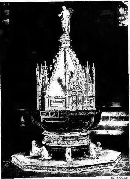 Left: BAPTISMAL FONT, by Luca di Giovanni, begun in 1390, completed by Jacopo di Pietro Guidi in 1493. The statue is modern and in plaster. Orvieto, Cathedral. Right: BAPTISMAL FONT. Work from the workshop of A. Federighi (ca. 1485) - Siena, Cathedral.