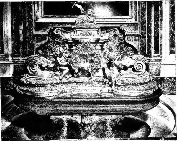 BAPTISMAL FONT of the basilica of St. Peter. Ancient porphyry vessel with decorations by Carlo Fontana (late 17th cent.) - Rome.