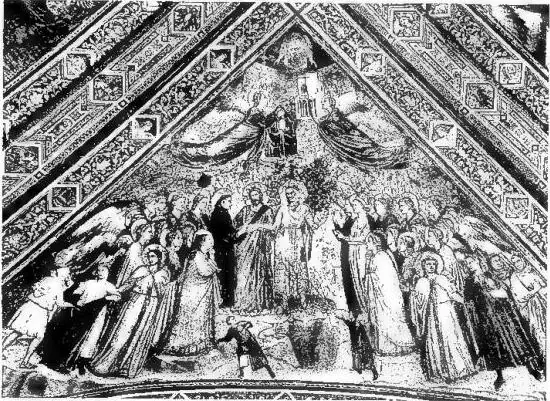 Above: MYSTIC MARRIAGE OF ST. FRANCIS WITH POVERTY. Master of the Vaults (early 14th cent.) - Assisi. Below: A DISCIPLE, IN THE PRESENCE OF ST. FRANCIS, DRIVES OUT DEMONS FROM AREZZO. Benozzo Guzzoli (1452) - Montefalco, church of St. Francis.