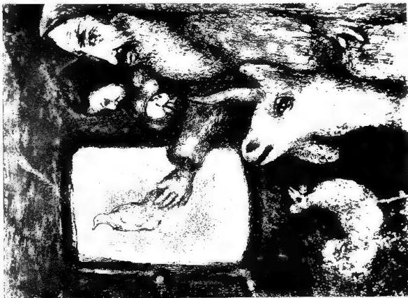 Left: LA GUERRE by Georges Rousult (s. 1946). Right: NOAH RELEASES THE DOVE FROM THE ARK. Lithograph by Marc Chagall (1947).