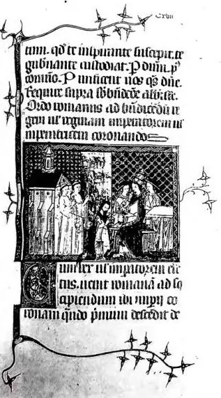 (Left: THE POPE CROWNS THE EMPEROR. Miniature from the Pontifical of Arles (2nd half of the 14th cent.) - Paris, National Library ms. lat. 9479, f. 117. Right: CONSECRATION OF THE KING OF FRANCE: the tunic fastened; the royal mantle; coronation; kiss of peace. Miniature from the Pontifical of Châlon