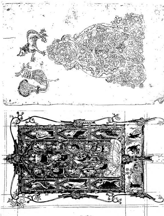 Left: TREE OF JESSE. Miniature from the Tickhill Psalter (14th cent.) - New York, Public Library. Right: LETTER "A", DECORATED WITH SCROLLWORK AND VINE TENDRILS AND TWO FANTASTIC ANIMALS: an eagle and a chimera. Miniature of English school of the 12th cent. adorning a commentary of Bede on the Apocalypse - Amsterdam, antiquarian market 1929.