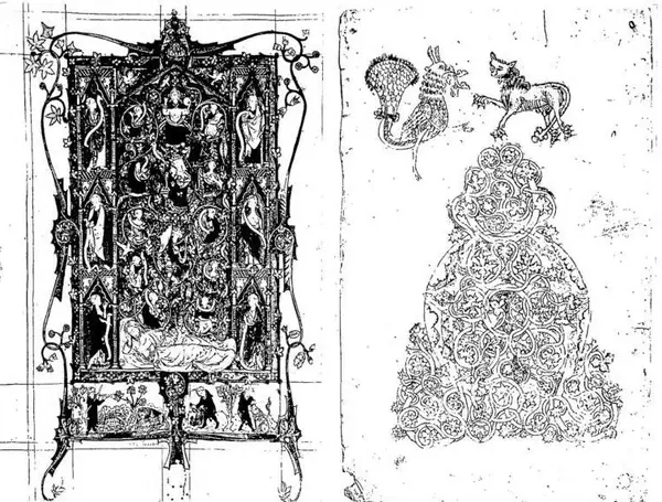 Left: TREE OF JESSE. Miniature from the Tickhill Psalter (14th cent.) - New York, Public Library. Right: LETTER "A", DECORATED WITH SCROLLWORK AND VINE TENDRILS AND TWO FANTASTIC ANIMALS: an eagle and a chimera. Miniature of English school of the 12th cent. adorning a commentary of Bede on the Apoca