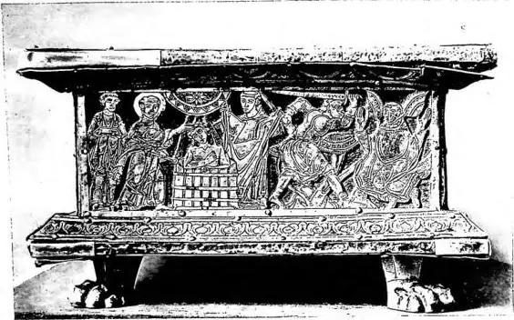 Above: PORTABLE ALTAR. Detail with scenes of martyrdom, by Roger of Helmarshausen (ca. 1100) - Paderborn, Franciscan convent. Below left: CANDELABRUM IN THE FORM OF A MAN, called "Wolfram", (mid-12th cent.) - Erfurt, Cathedral. Below right: ANTEPENDIUM OF THE HIGH ALTAR, donated by Abbot Hartwig (mi