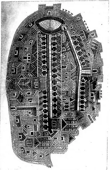 Left: Perspective plan of Jerusalem according to the floor mosaic of the church of Madaba (6th cent.). Right: Plan of present-day Jerusalem (1947) with the indication of the quarters and the principal buildings.