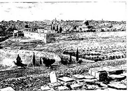 Above left: VIEW FROM THE MOUNT OF OLIVES. Above right: WALLS OF THE CITADEL, which probably stands on the site of Herod's palace. Below left: HARAM ES SERIF. Mosque of Omar. Below right: THE CITADEL.