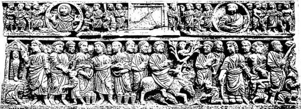 Above: VARIOUS GESTURES. Sarcophagus (4th cent.) - Rome, Museo delle Terme. Below right: GESTURE OF ACCUSATION. The elders accuse Susanna. Fresco of the so-called Greek chapel (2nd cent.) - Rome, cemetery of Priscilla. Below left: GESTURE OF OFFERING. Turtura makes an offering to Mary Most Holy. Fresco of the 7th cent. Detail - Rome, cemetery of Commodilla.