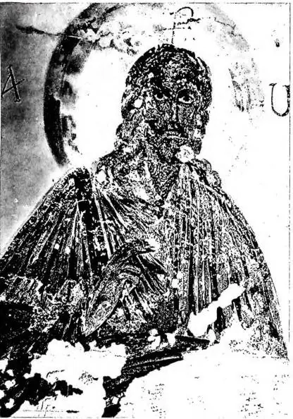 Left: JESUS CHRIST bearded and nimbed with oratorical gesture. Fresco (beginning of the 5th cent.) - Rome, cemetery "ad duas lauros..." Right: JESUS CHRIST ENTHRONED, WITH THE FIRMAMENT AS FOOTSTOOL. Central part of the former Lateran sarcophagus 174 (4th cent.), now in the Vatican Grottoes.